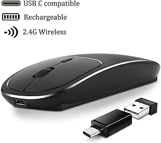 Wireless Mouse Laptop USB Type C Wireless Mouse Rechargeable 2.4GHZ Wireless Mouse Portable Slim Noiseless Click for Computer Windows 7/8/10/Vista/XP/MacBook,1600 DPI Mouse, Energy Saving (Black)