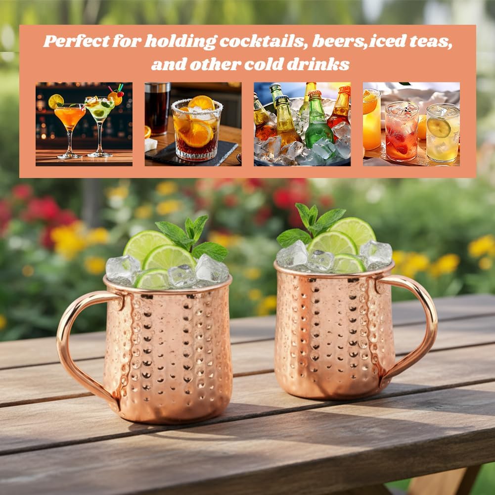 2 Pcs Moscow Mule Copper Mugs, 16.5 oz Hammered Copper Cups with 304 Stainless Steel Lining and Straws for Cold Drinks, Beer, Wine, Bars, Parties