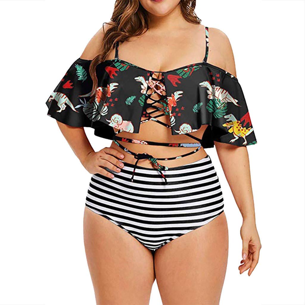 KIMODO CCLKIMODO® Women's Bikini Plus Size Ruffle Two Piece Bikini Set Strappy High Waisted Swimwear Off Shoulder Striped Swimsuit Set Bathing Suits
