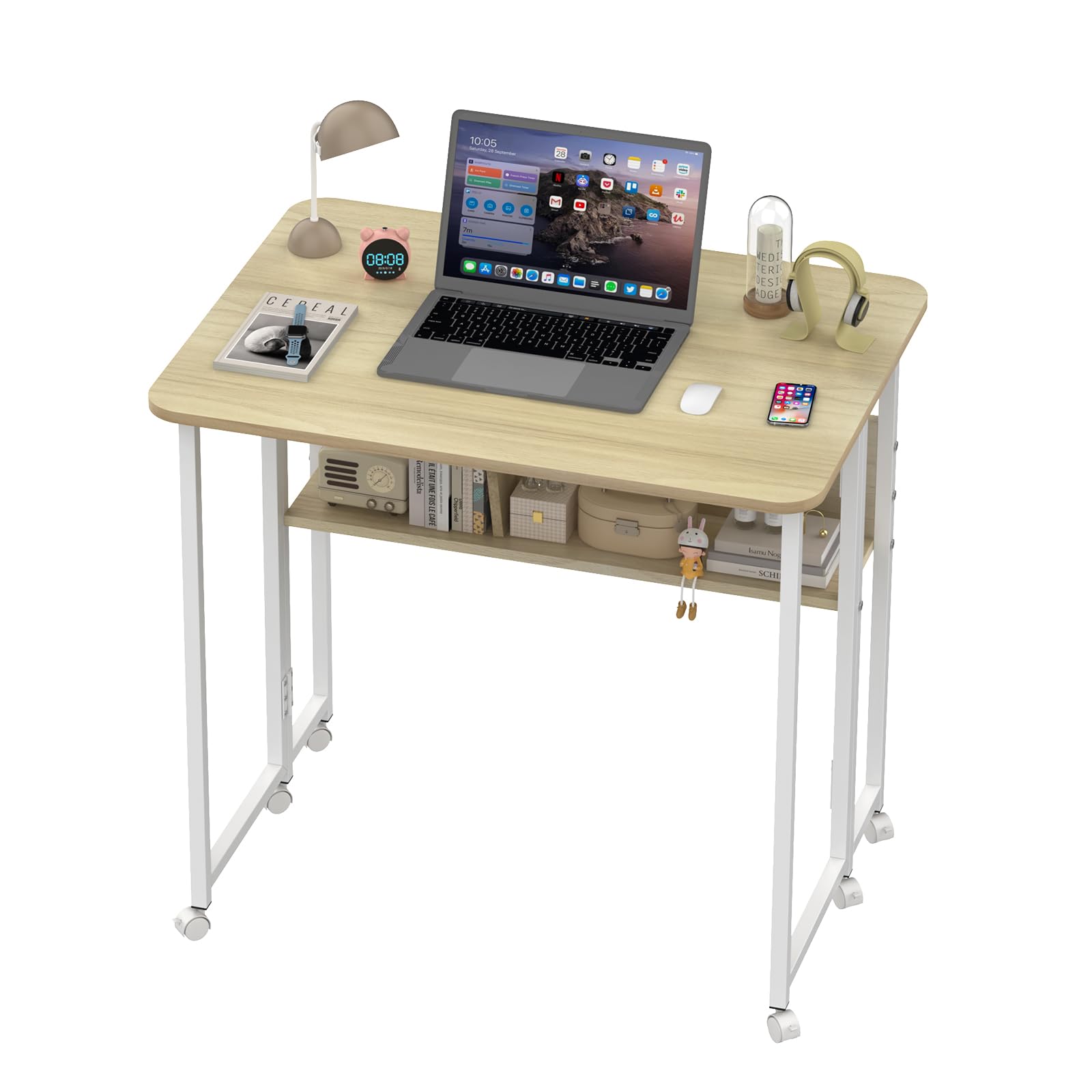 HUOLE - Tavolino per soggiorno, divano, esterno, regolabile in altezza, da appoggio per ufficio, per soggiorno, camera da letto, 80 x 58 x 75 cm - acero bianco