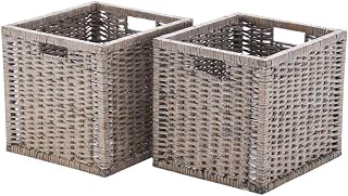 Wovenhill | Set of 2 Square Willow Baskets | Handmade Grey Shelf Storage Boxes | W33 x D35 x H32cm