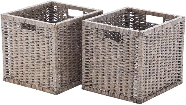 Wovenhill | Set of 2 Square Willow Baskets | Handmade Grey Shelf Storage Boxes | W33 x D35 x H32cm