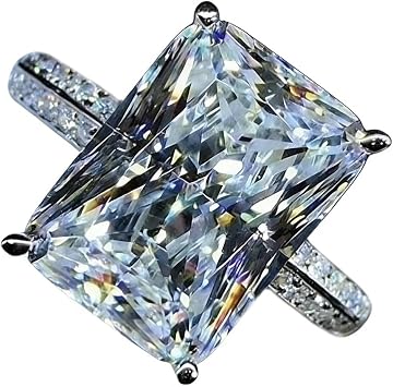 White Gold Plated Silver Engagement Wedding Ring with Large Carat Emerald Cut Cubic Zirconia CZ Oversized 6 Carat 3A Zircon Engagement Cushion Cut Halo Engagement Ring 7