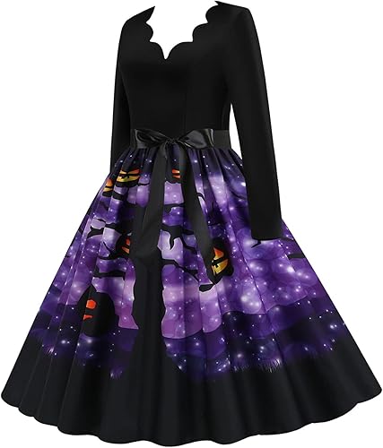 Miniatura 4 de Halloween Dresses Womens Long Sleeve Cocktail Swing Dress Pumpkin Witch Printed Cosplay Party Costume Swing Dress
