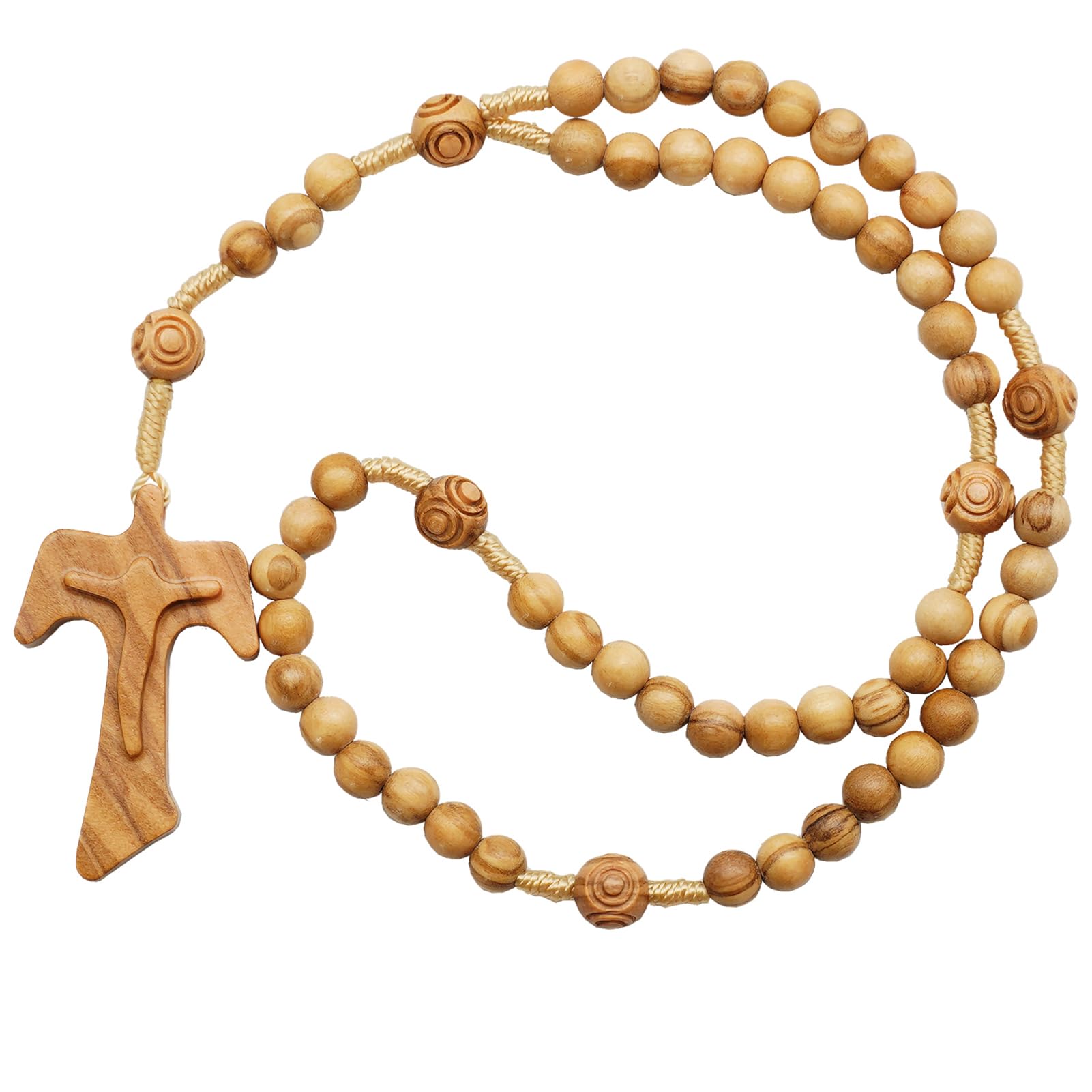 Różaniec z drewna oliwnego z wisiorkiem w kształcie krzyża tau, katolicki naszyjnik z koralików modlitewnych | Rzeźbione drewniane koraliki, wiązany sznurek, religijne oddanie chrzest bierzmowanie prezent
