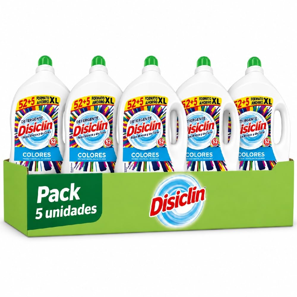 Disclin Detergente Liquido Colores 52+5 Lavados | Protege y revitaliza el color | Evita transferencias en coladas mixtas | Apto para Ropa Blanca y de Color | Pack 5 Unidades | Rasmacor