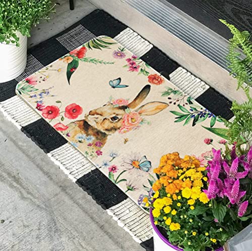 Ghroiep Easter Floral Decor Door Mat Welcome Flowers Doormat Non Slip Rubber Bunny Colorful Farmhouse Entrance Reusable Home For Decoration Front Door Mats Funny Indoor Outdoor Rug 17" X 30"(Rabbit) #TOP1
