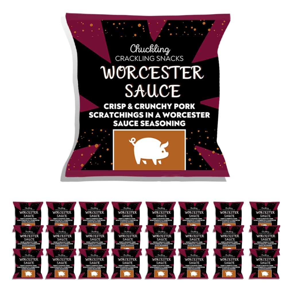 Worcester Sauce Pork Scratchings Multi-Pack (24 x 50g) meat snacks, keto food, pub snacks, high protein snack, premium crackling, traditional pork snacks. From Chuckling Snacks.