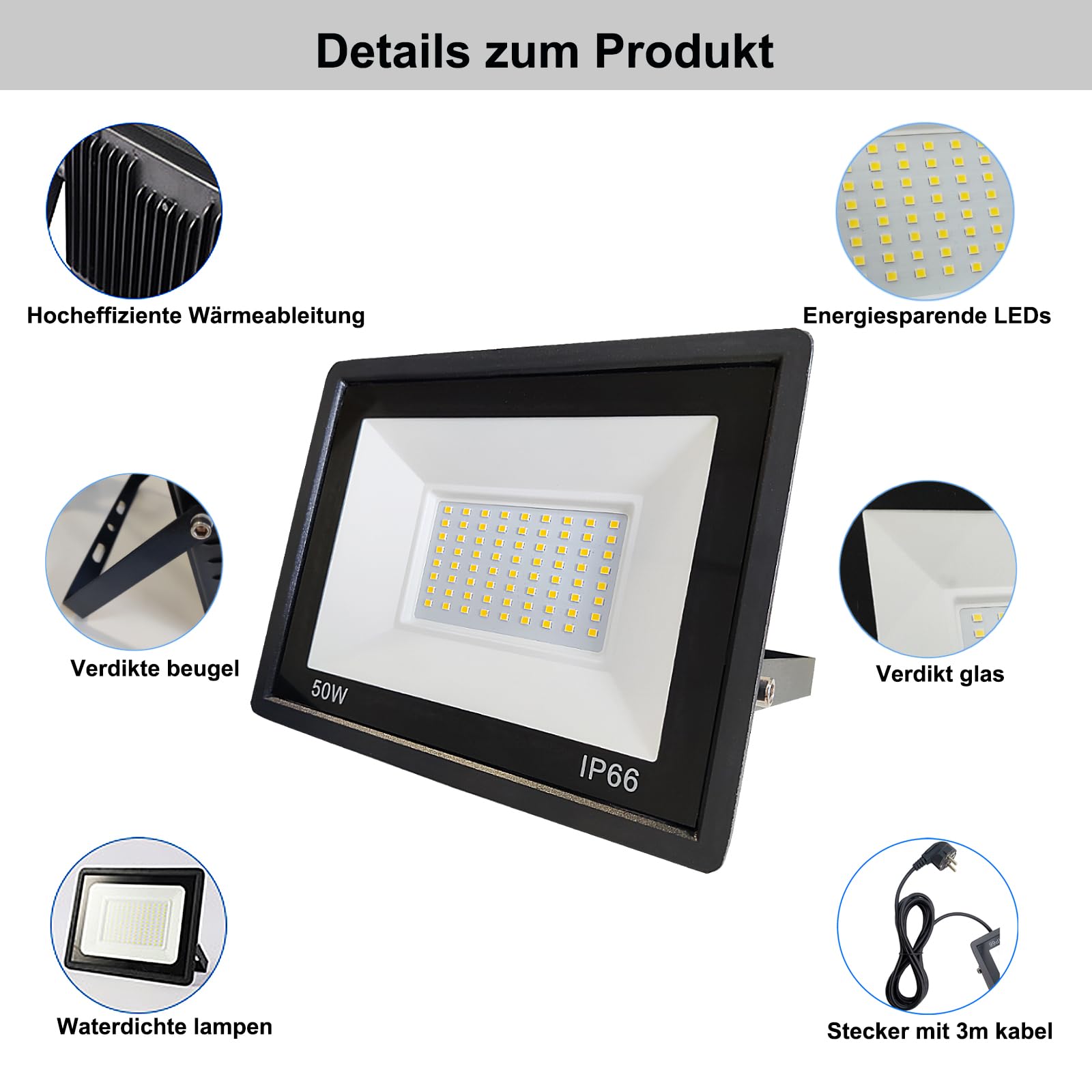 Faretto led da Esterno 50w Proiettore led da Esterno con spina, Faretto LED per esterni con cavo da 3 m, impermeabile IP66 per garage, giardino, campo sportivo, terrazza, cortile, 3000K bianco caldo