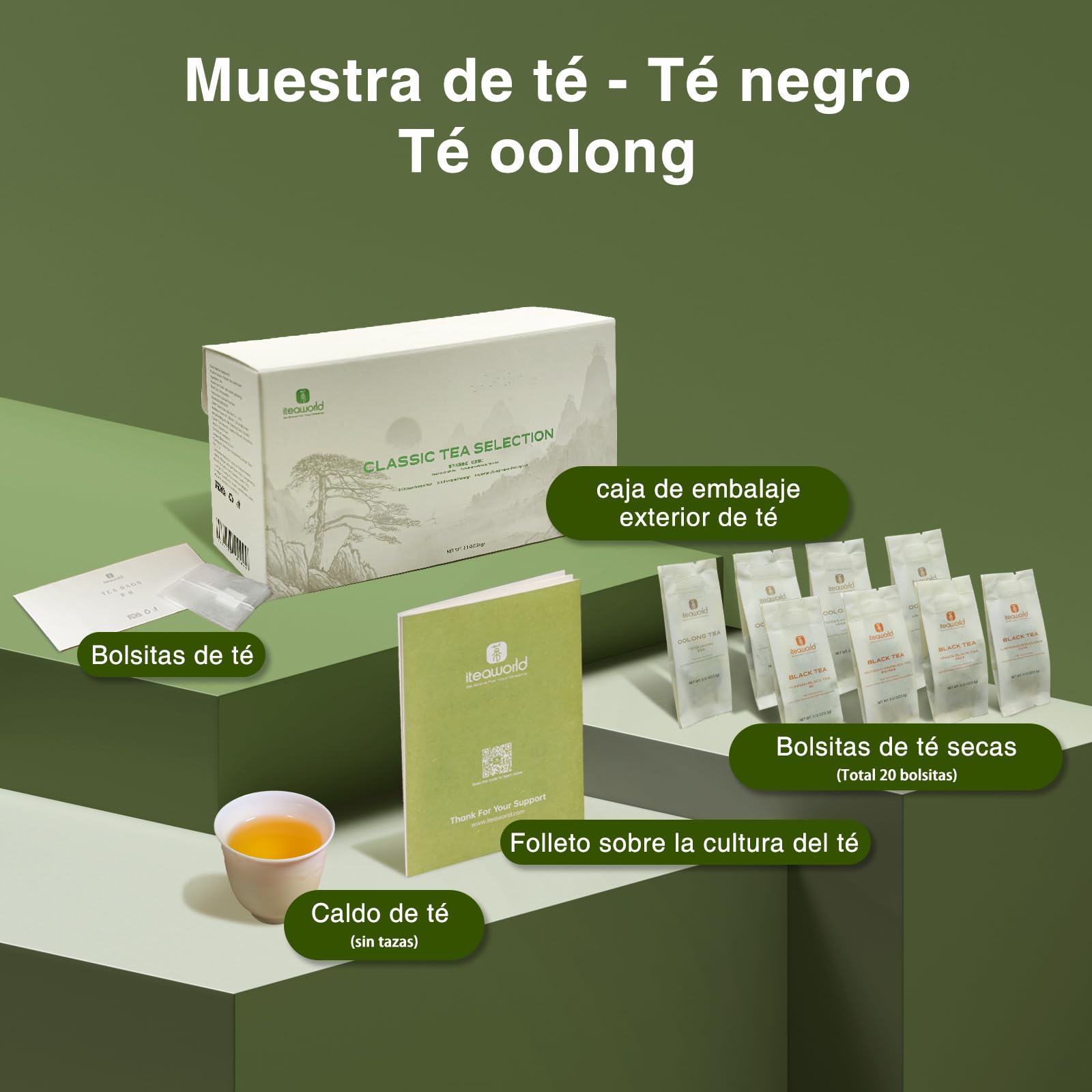 iTeaworld Loose Leaf Chinese Tea Sampler, 8 sabores de té Oolong suelto y té negro con cafeína media, té de alta montaña, sin azúcar, saludable, 56g