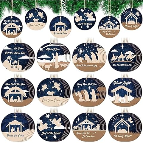 Soaoo 60 Pcs Nativity Scene Christmas Tree Ornament Christian Religious Ornaments Bulk Round Nativity Xmas Tree Hanging Wooden Decorations for Garden Yard Outdoor Home Cover