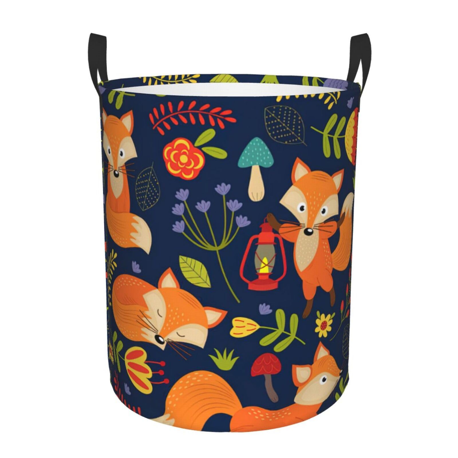 S Collapsible Round Cute Animal Fox Flower Print Laundry Hamper