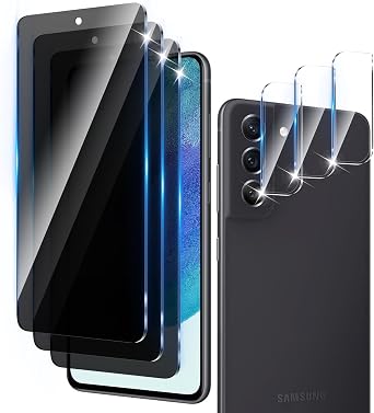 3+3 Pack Privacy Screen Protector Designed for Samsung Galaxy S21 FE With 3 Pack Camera Lens Protector,Full Coverage Anti-Spy Tempered Glass Film,9H Hardness,Bubble Free,Easy to Install