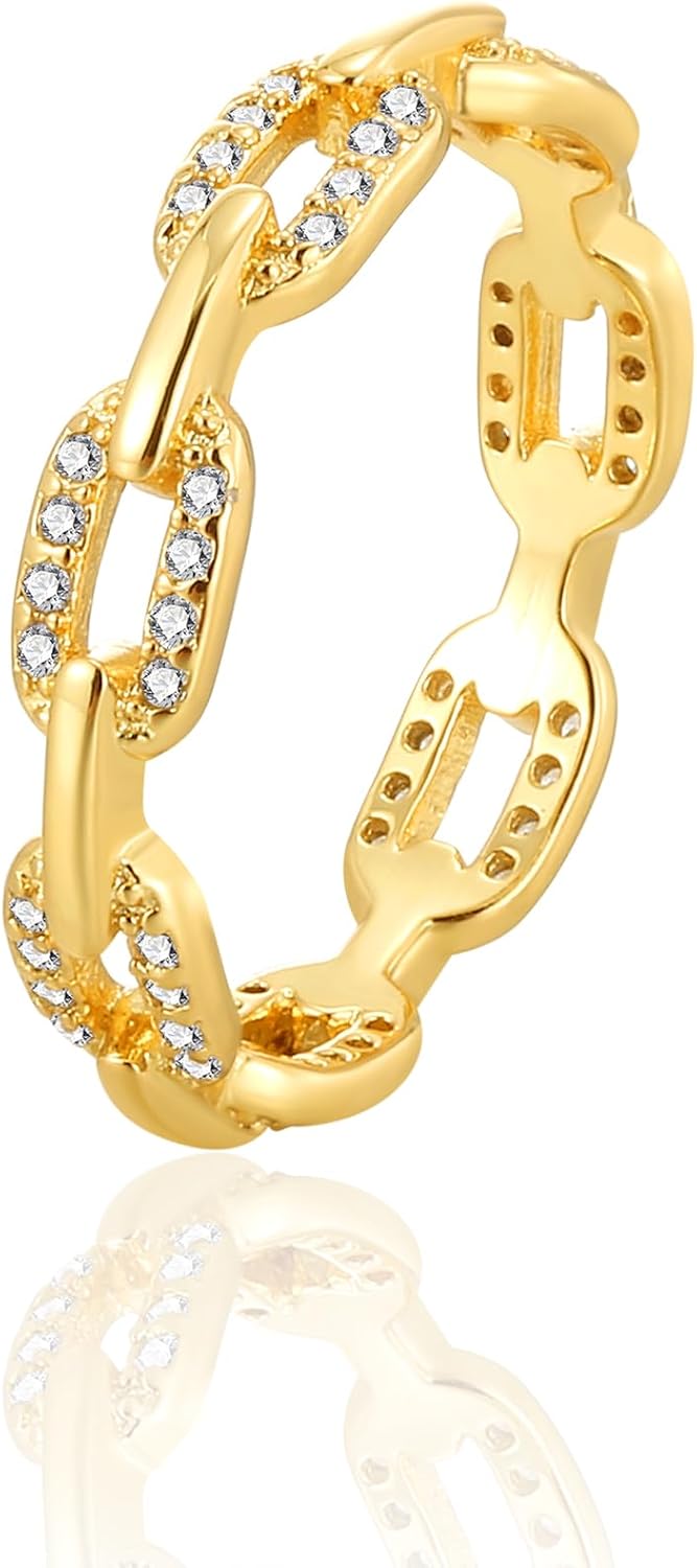 18K Gold Plated Stacking Paperclip link Rings for Women, Gold Zirconia Diamond Eternity Ring Wedding Bands CZ Engagement Rings