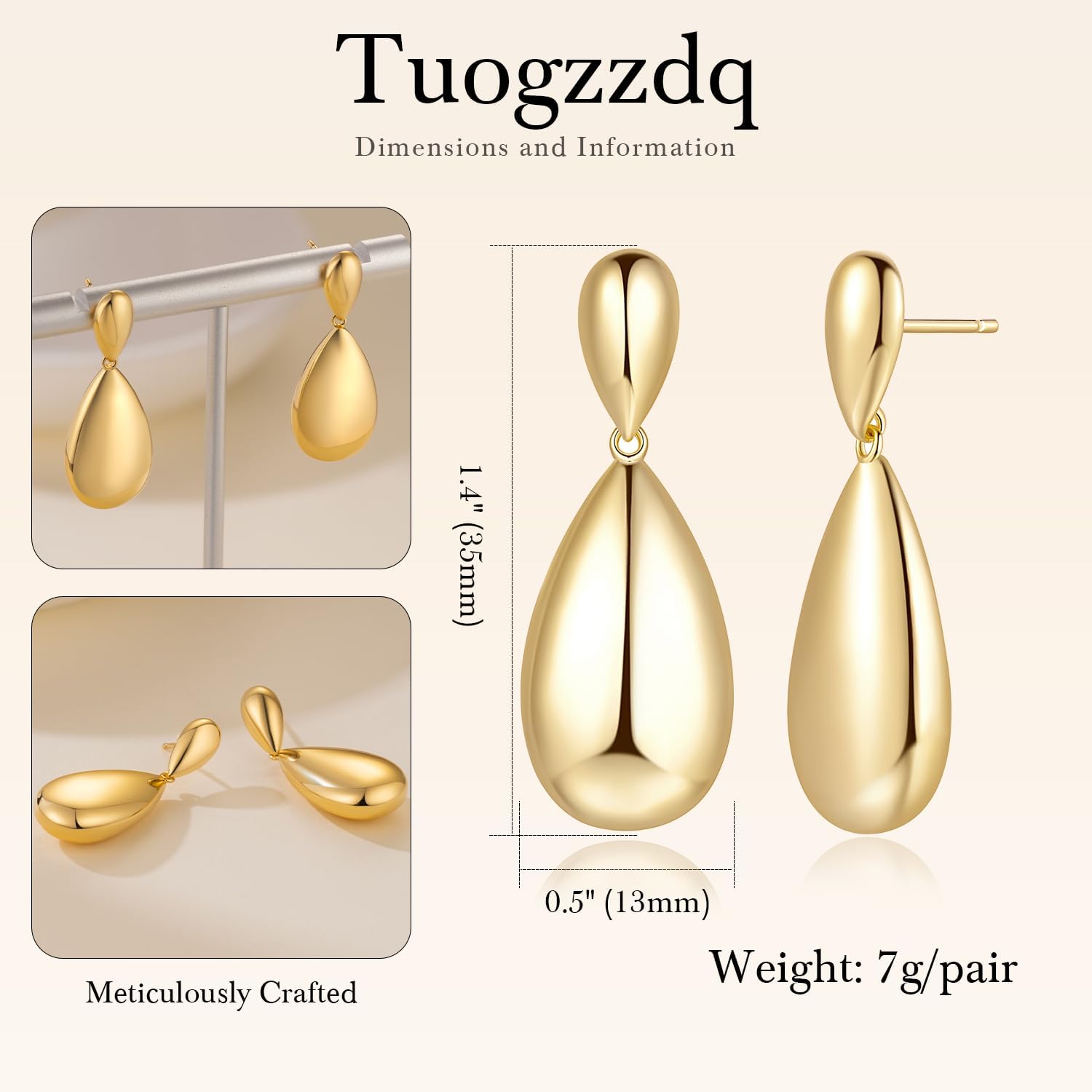 Gold Earrings for Women 14K Gold Dangle Earrings for Women Studs Dangle TearDrop Earring for Womens Unique and Natural Teardrop Shape Chunky Stud Tear Dop Earring for Womens Studs Dangling - Image 2