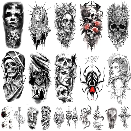 20 Fogli Tatuaggi Temporanei, Mezzo Braccio Leone Lupo Serpente Rosa Joker Teschio Crocifisso, Impermeabili Tatuaggi Finti, Tatuaggio Halloween, Realistici Adesivi per Uomo Donna e Bambini