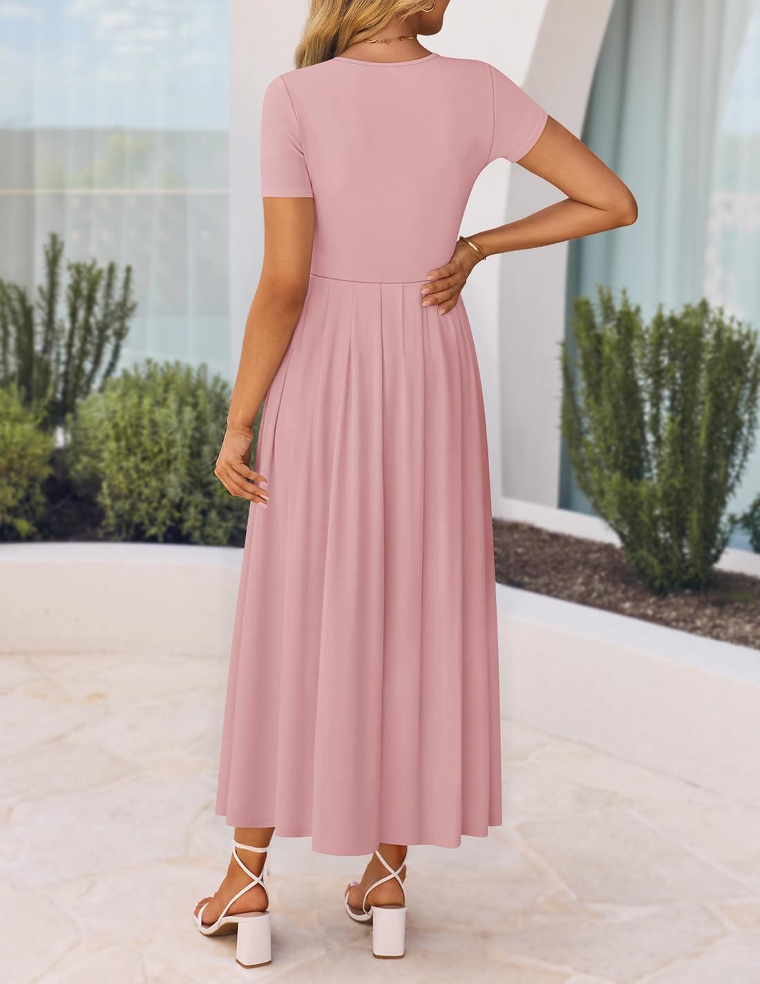 ZESICA Women's Summer Short Sleeve Maxi Dress 2026 Casual Crewneck Pleated A Line Flowy Long Dresses with Pockets - Image 3