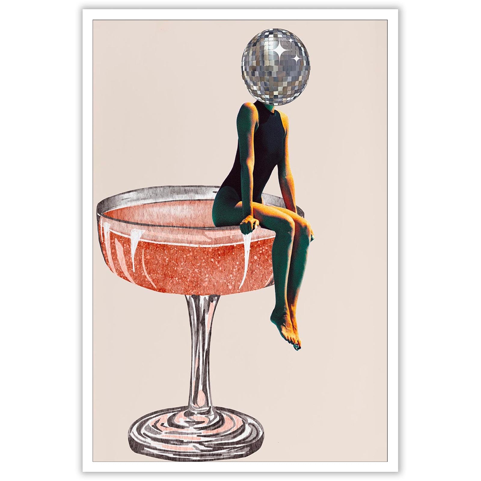 Beshdomp Retro Disco Ball Head Poster Funky Disco 70s Prints Painting Funky Cocktail Wall Art Luxury Mirrorball Wall Art Girly Dorm Room Artt Trendy Bar Cart Wall Decor 16X24in Unframed