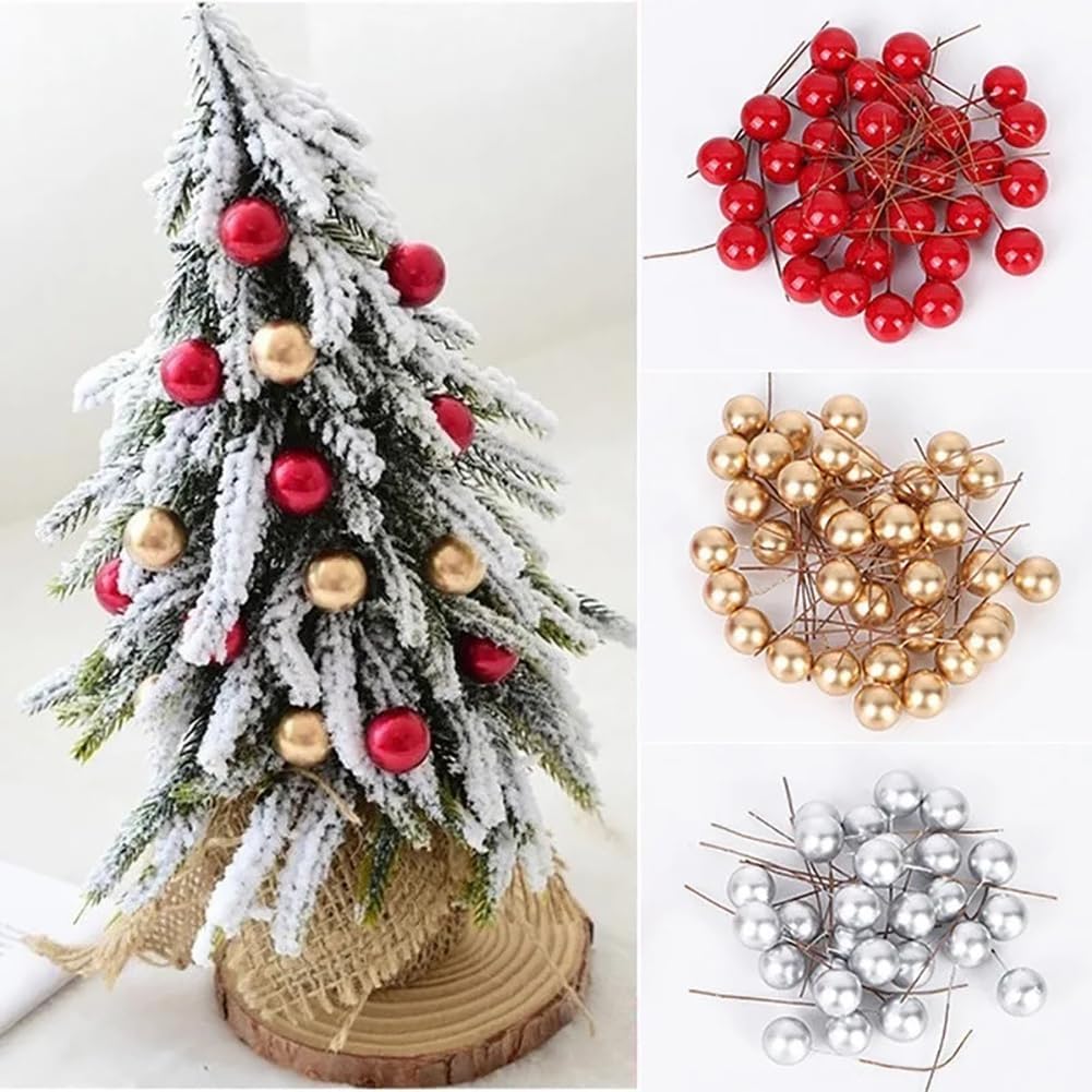 1000pcs Mini Artificial Berries, 0.39in Fake Berry Cherry Decor on Wire for Christmas Tree Decorations Wreath Ornament - Red