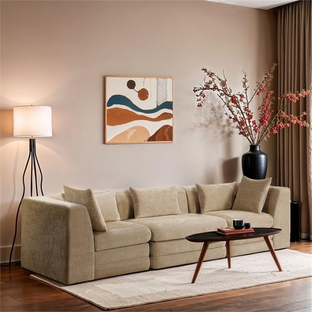 BOWERY HILL Contemporary Modular Sofa, 114″ Wide, Beige