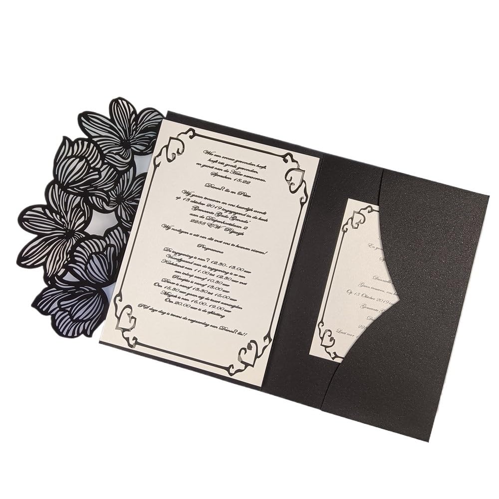 Hochzeitseinladungen Karte 50 lasergeschnittene dreifach gefaltete Hochzeitseinladungskarten mit grünen und blauen Blättern, personalisierte Blatttasche, Einladungshülle(Black,Blank Set)