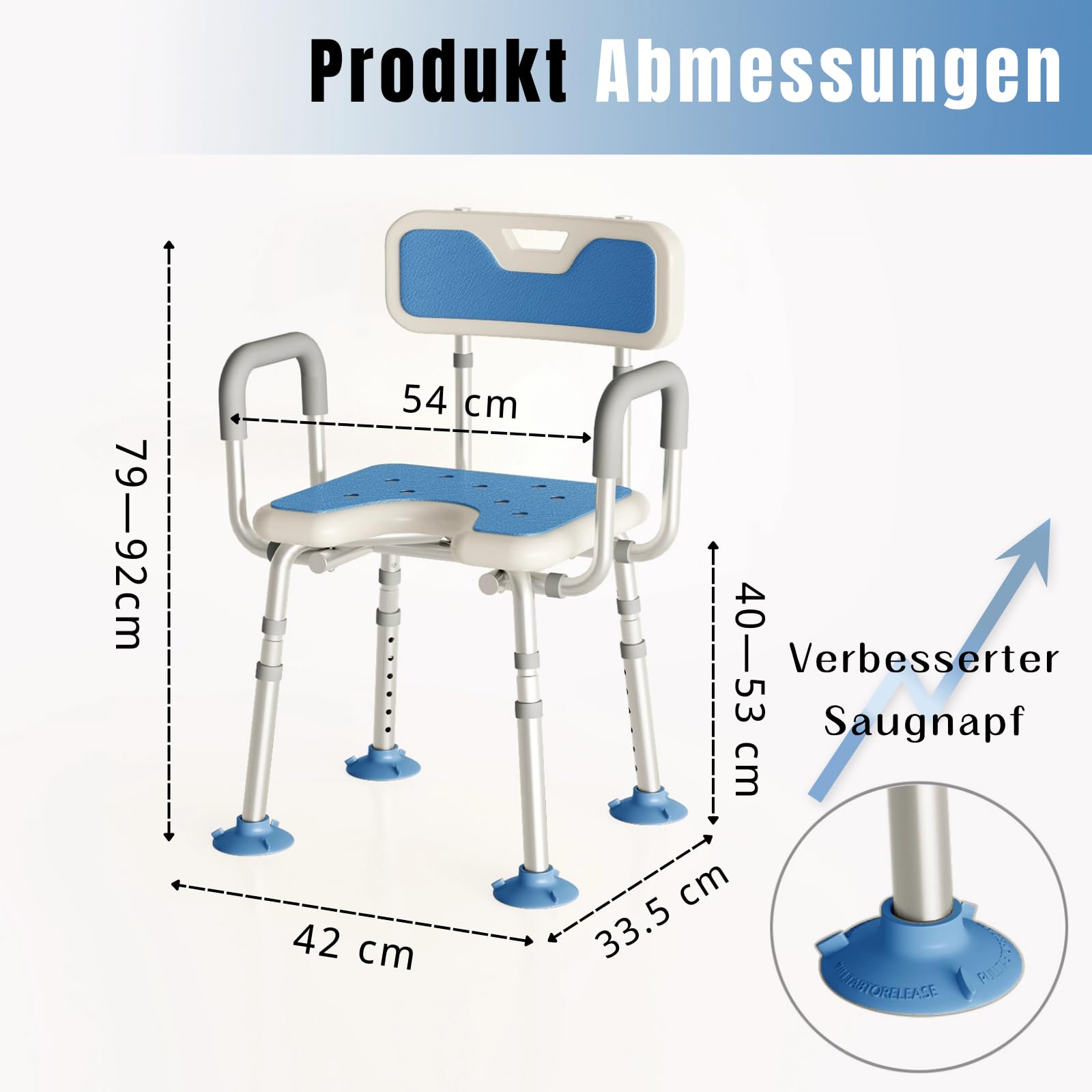 RMAN® Krzesło prysznicowe dla seniorów, obciążenie ok. 150 kg, siedzisko do wanny | Regulowana wysokość podpórki prysznicowej z antypoślizgowym oparciem, niebieski