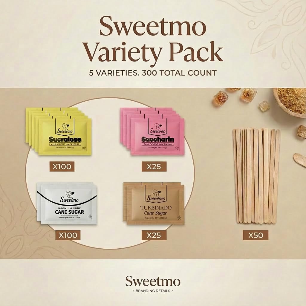 Sweetmo Sugar Packets Variety Pack - Sucralose, Raw Sugar, Saccharin, Cane Sugar with Wooden Stirrers - 300 Count for Coffee, Tea, Office Breakrooms, Home & Airbnb