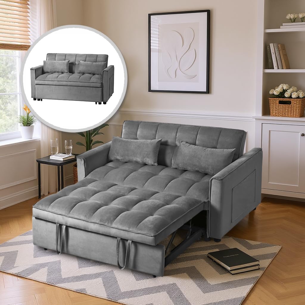 3 in 1 Pull Out Sofa Bed, 52.75" Sleeper Sofa Bed with 3-Level Adjustable Backrest, Velvet Fabric Loveseat Sleeper Couch for Living Room & Bedroom & Apartment & Dorm Furniture, Dark Grey