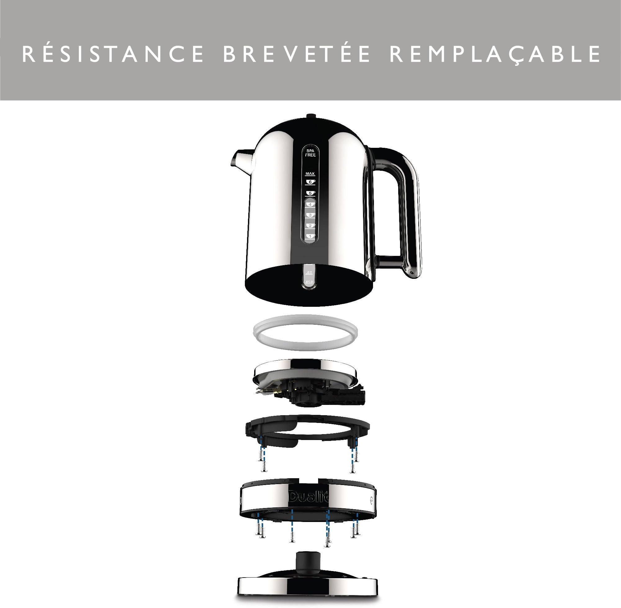 Dualit Classic Stainless Steel Kettle - High Gloss With Black Edge - Quick Heating, Quiet Design, 1.7 L, 3 kW - Water Filter Included