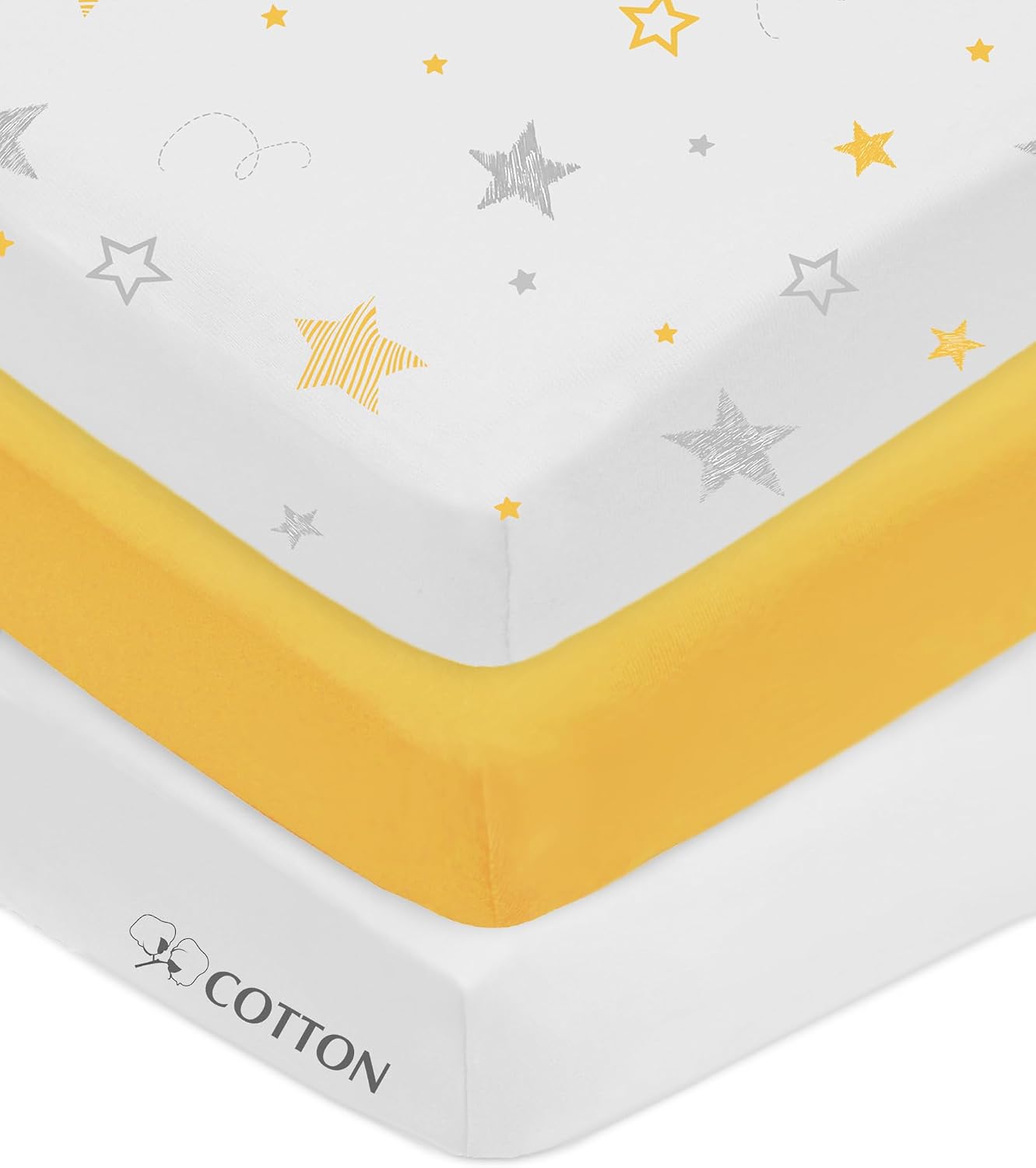 American Baby Company 3 Pack Fitted Mini Crib Sheets 38x24", WT/Yellow/Star