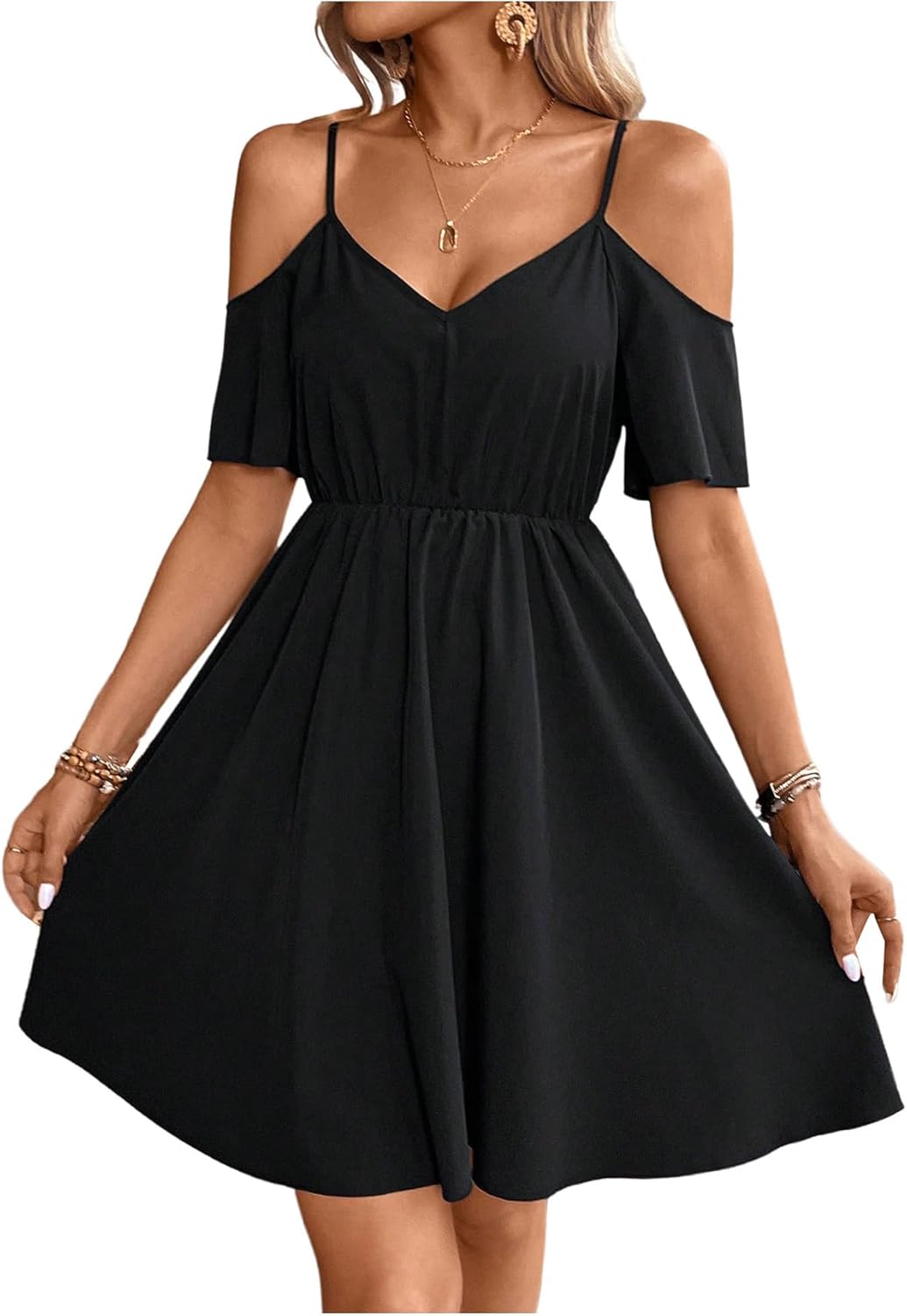 SweatyRocks Women's Ruffle Cold Shoulder Dress Cut Out Short Sleeve A Line Summer Dresses
