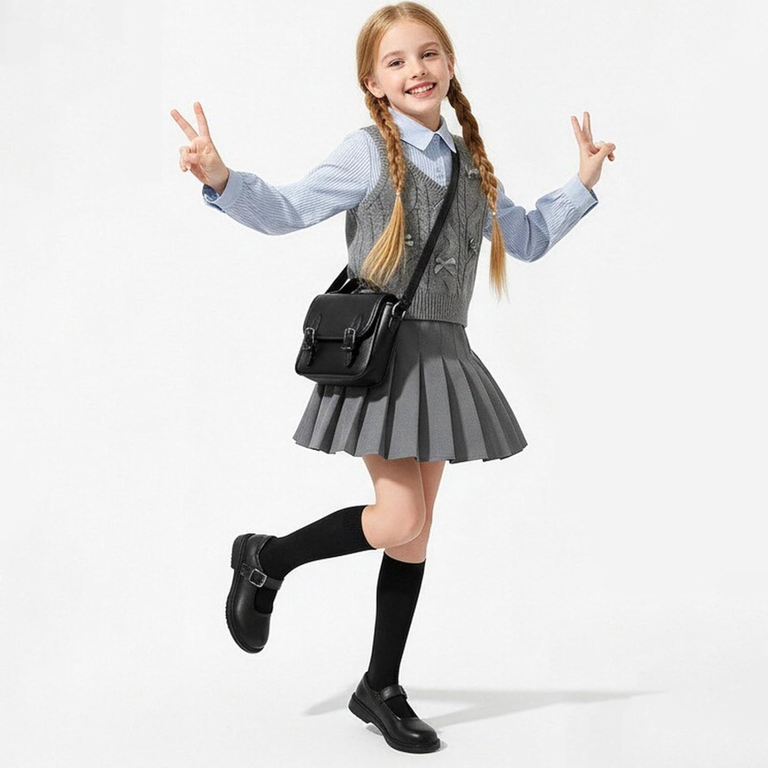 WUIWUIYU Girls School Uniform Dress Shoes Round-Toe Formal School Soft Mary Jane Shoes Heart-Shape Diamond Strap Flats Shoes
