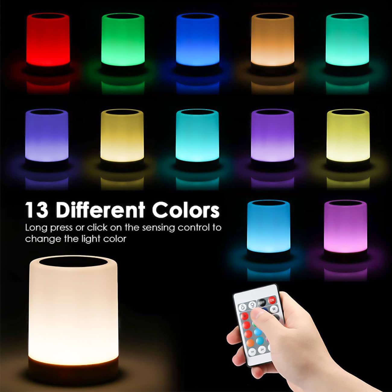 Touch Bedside Lamp, Dimmable Night Light for Baby Nursery, 13 RGB Colors & 5 Brightness Levels, Portable Rechargeable Table Lamp for Nightstand, Kids, Bedroom, Office, Camping