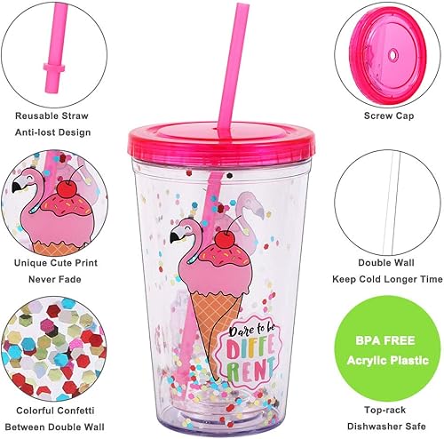 Miniatura 2 de Home Tune Lindo vaso con tapa y pajilla, vaso de acrílico con aislamiento de doble pared para niñas, mujeres, niños, 18 onzas  18.6 fl oz (helado de