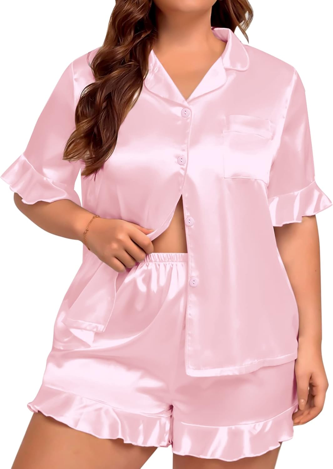 SWOMOG Womens Satin Plus Size Pajamas Silk Short Sleeve Pjs Sets Ruffle Shorts 2 Piece Loose Outfit Sleepwear with Pocket - Image 2