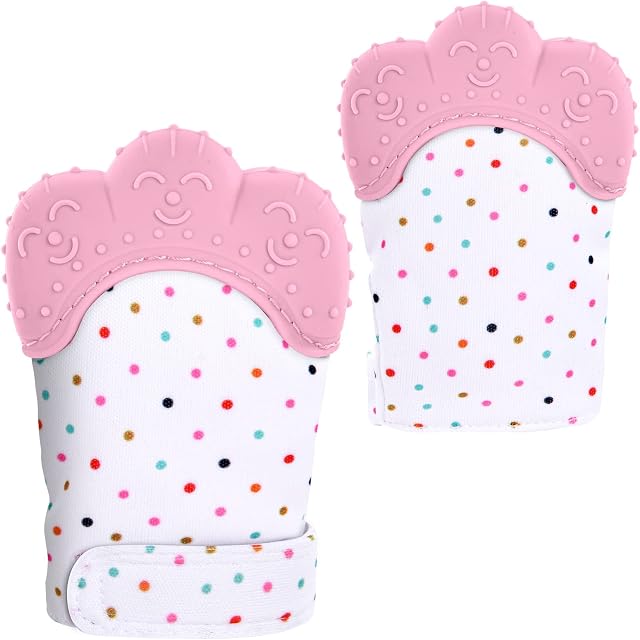 Vicloon Baby Teething Set, 2 Pack Teething Mittens for Baby, Includes 2 Silicone Mitten Teether Glove, Polka Dots Teething Glove, Infant Soothing Pain Relief Mitt Baby Teether Mits for Baby (Pink)