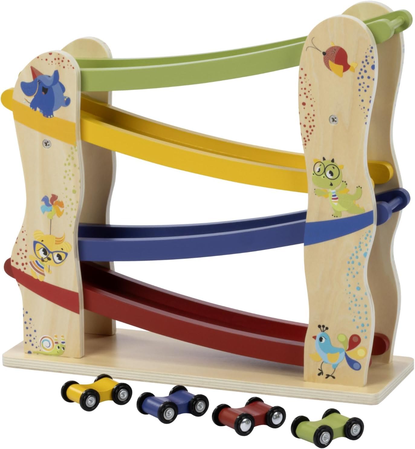 Tiny Love Wooden Race Car Ramp Toy, Zig Zag Car Slide Toy with 4 Easy-Roll Wooden Race Cars, Fine Motor Skills, Cognitive Development, Natural Design, 18+ Months, Born To Party