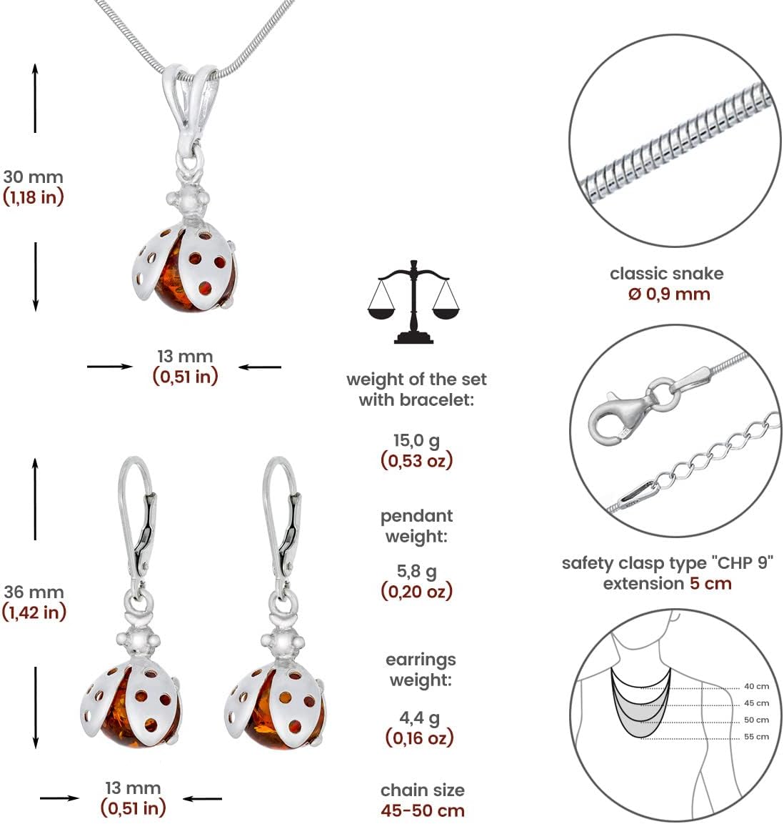 Large Women's Jewellery Set Ladybirds, Polished Sterling Silver, Baltic Amber in Cognac Colour, Silver Bracelet, Pendant on Chain and Earrings - Image 2