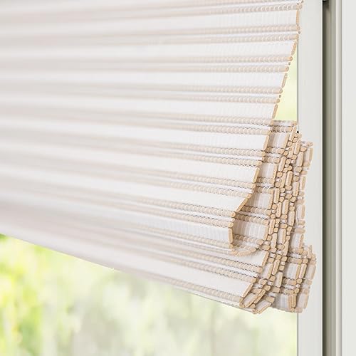 Windowlady Persianas romanas de bambú, persianas de madera tejidas a medida, color beige y blanco, persianas de bambú natural que filtran la luz
