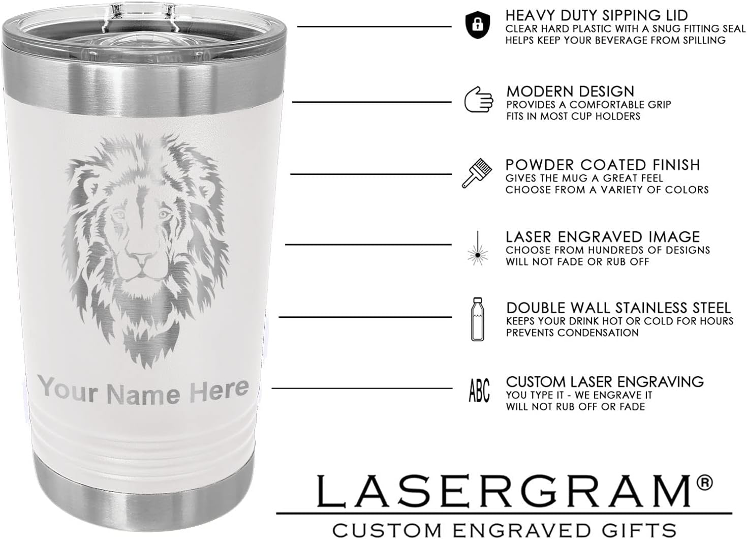 LaserGram 16oz Vacuum Insulated Pint Tumbler, Flute, Personalized Engraving Included (White)