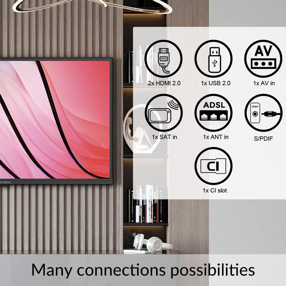 പിൻഭാഗം view of Strong 32HF2003 TV showing various connection ports