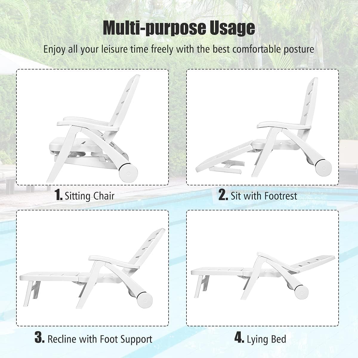 LDAILY Moccha Plastic Folding Lounge Chair, 5-Position Adjustable Chaise Lounge with 2 Rolling Wheels, Armrest, Outdoor Chaise Chair for Patio, Beach, Backyard, Poolside, Home (1, White)