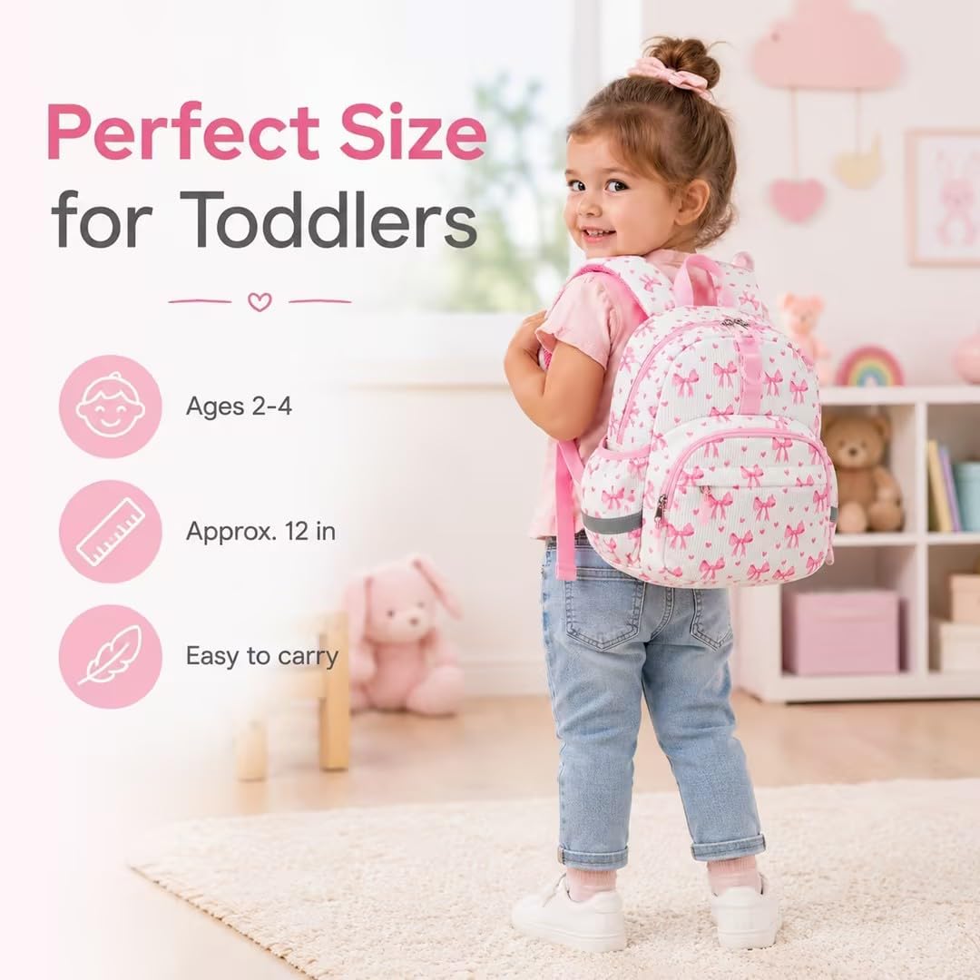 LOIDOU Toddler Backpack for Girls, Mini Preschool Backpack for Kids 2-4, kids travel backpack Small Diaper Daycare Bag (Beige-Pink Bow 215, 12"-not Fit A4 Folder)