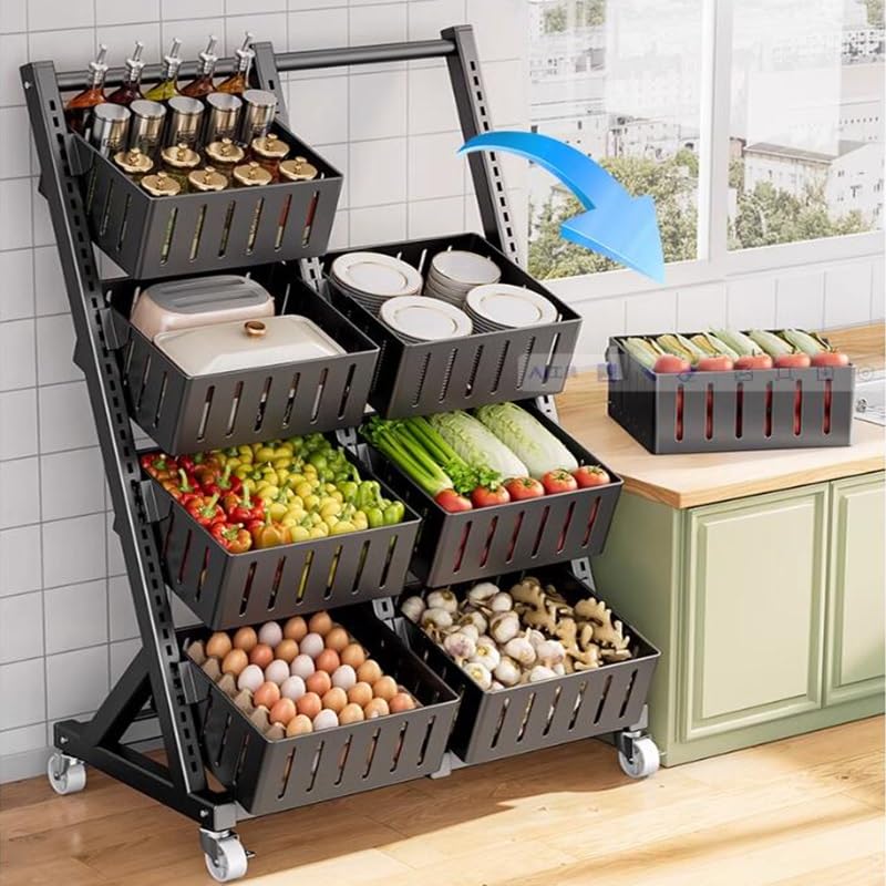 Zfmnoyev Fruit Vegetable Storage Basket for Kitchen, Snack Storage Rack, Toy Organizer Box, 360° Universal Wheel, with Pull-Out Baskets (Color : Black, Size : 73x40x112.5cm-A)
