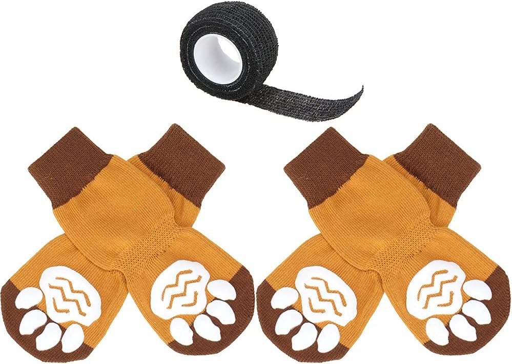 EXPAWLORER Anti-Slip Dog Socks with Bandage - 2 Pairs Knit Paw Protector Traction Control for Indoor Hardwood Floor with Adjustable Bandages Straps, Non-Skid for Small Medium Large Dogs Pets