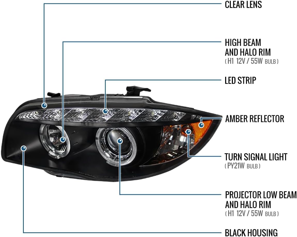 Ronnin - Fits 2004-2013 BMW E87 E81 Euro E82 E88 US 120i 128i 135i Upgraded Replacement LED Angel Eye Projector Headlights Assembly Pair | Black