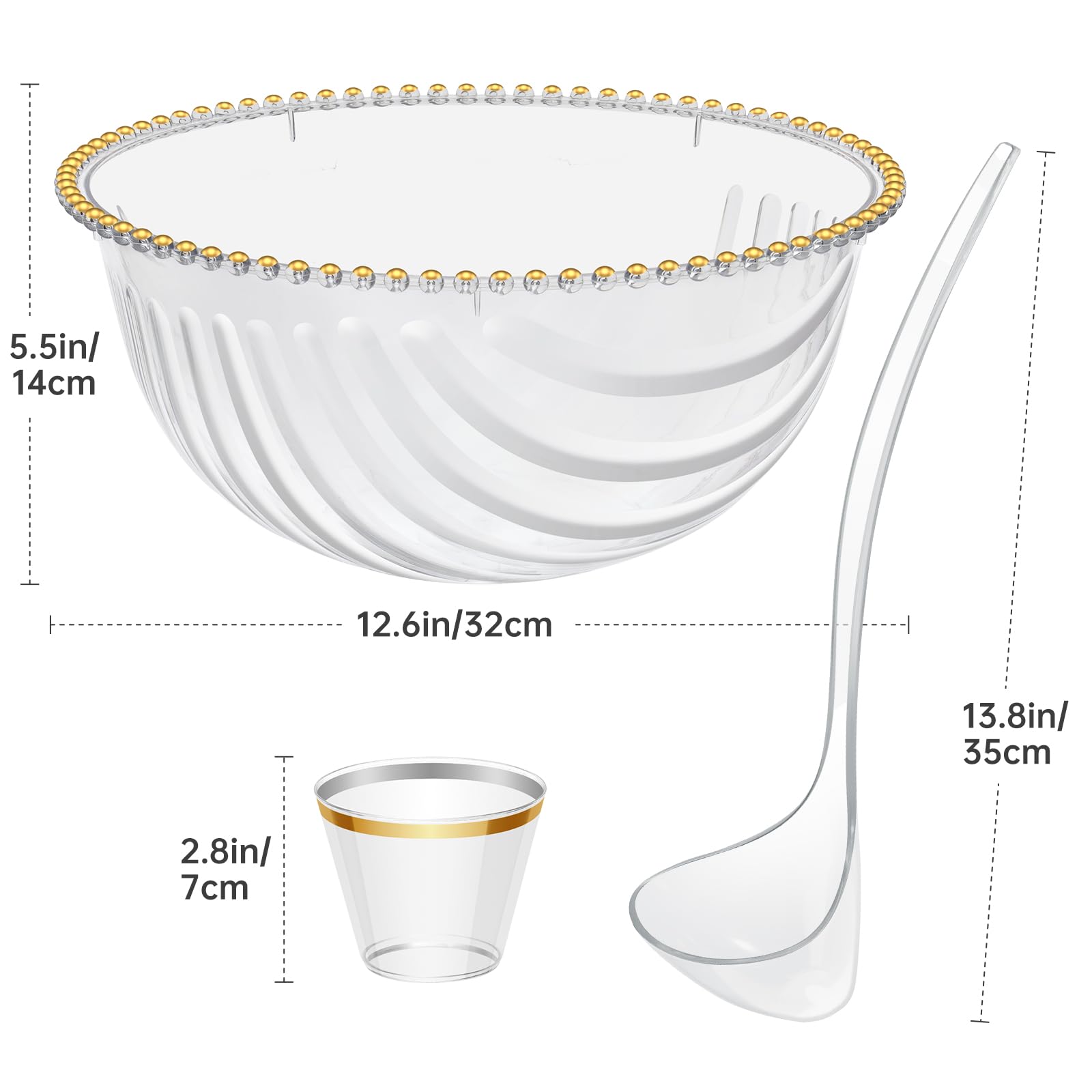 NiHome Ciotola in plastica con mestolo e pinza per feste, matrimoni, grigliate, 5,3 litri, con bordo dorato, trasparente, set completo per cocktail (1 confezione contiene 25 tazze)