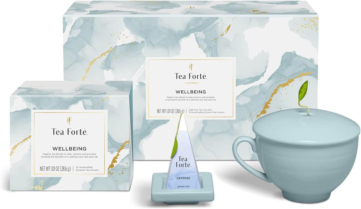 Wellbeing 3-Piece Premium Tea Gift Set with Light Blue Cafe Cup with Lid, Tea Tray and 10 Assorted 2 of Each Variety Organic Handcrafted Pyramid Infuser Tea Bags