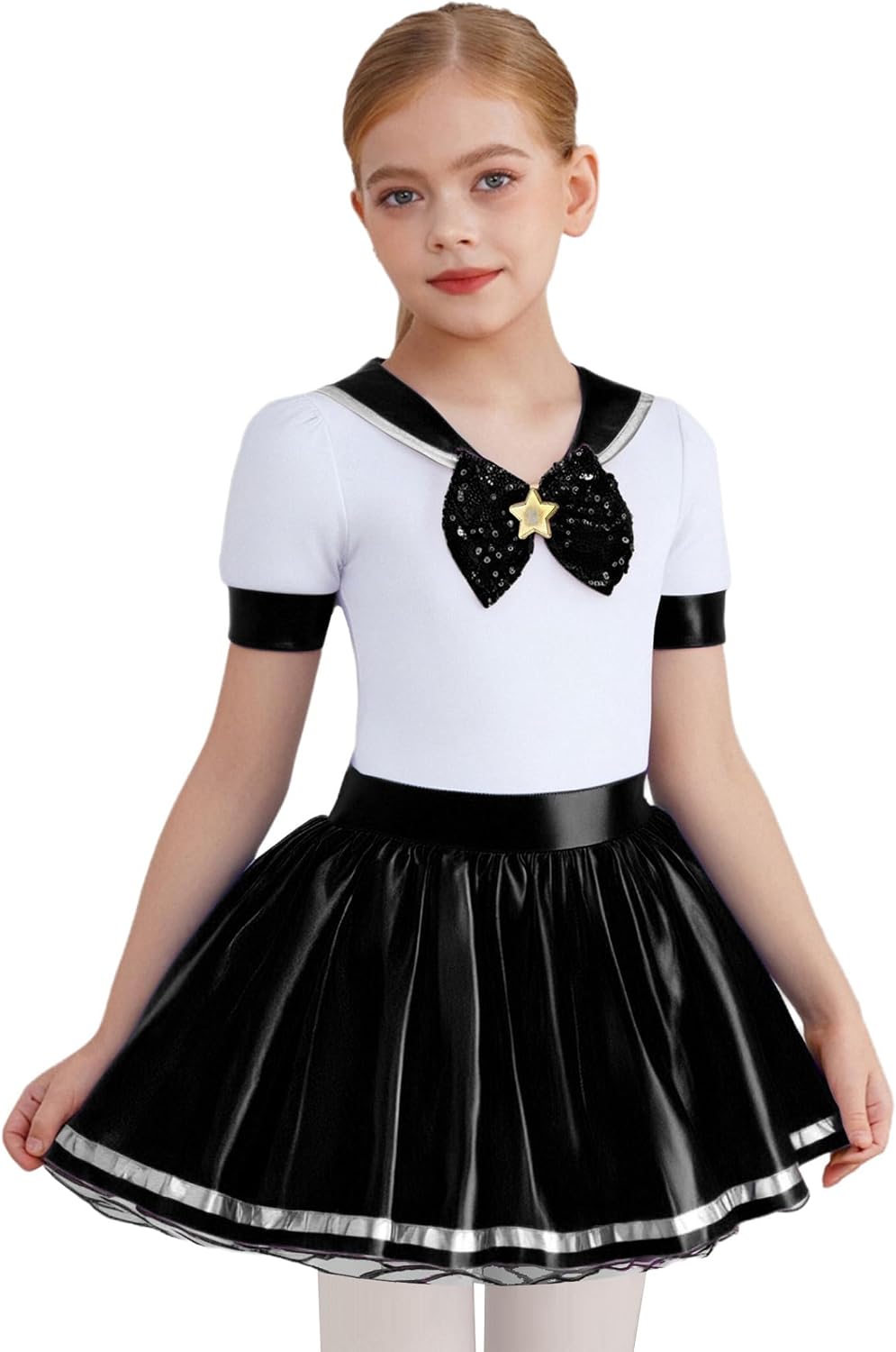 JEYPINMI Japanese School Girls Short Sleeve Uniform Anime Sailor Short Sleeve Metallic Pleated Dress