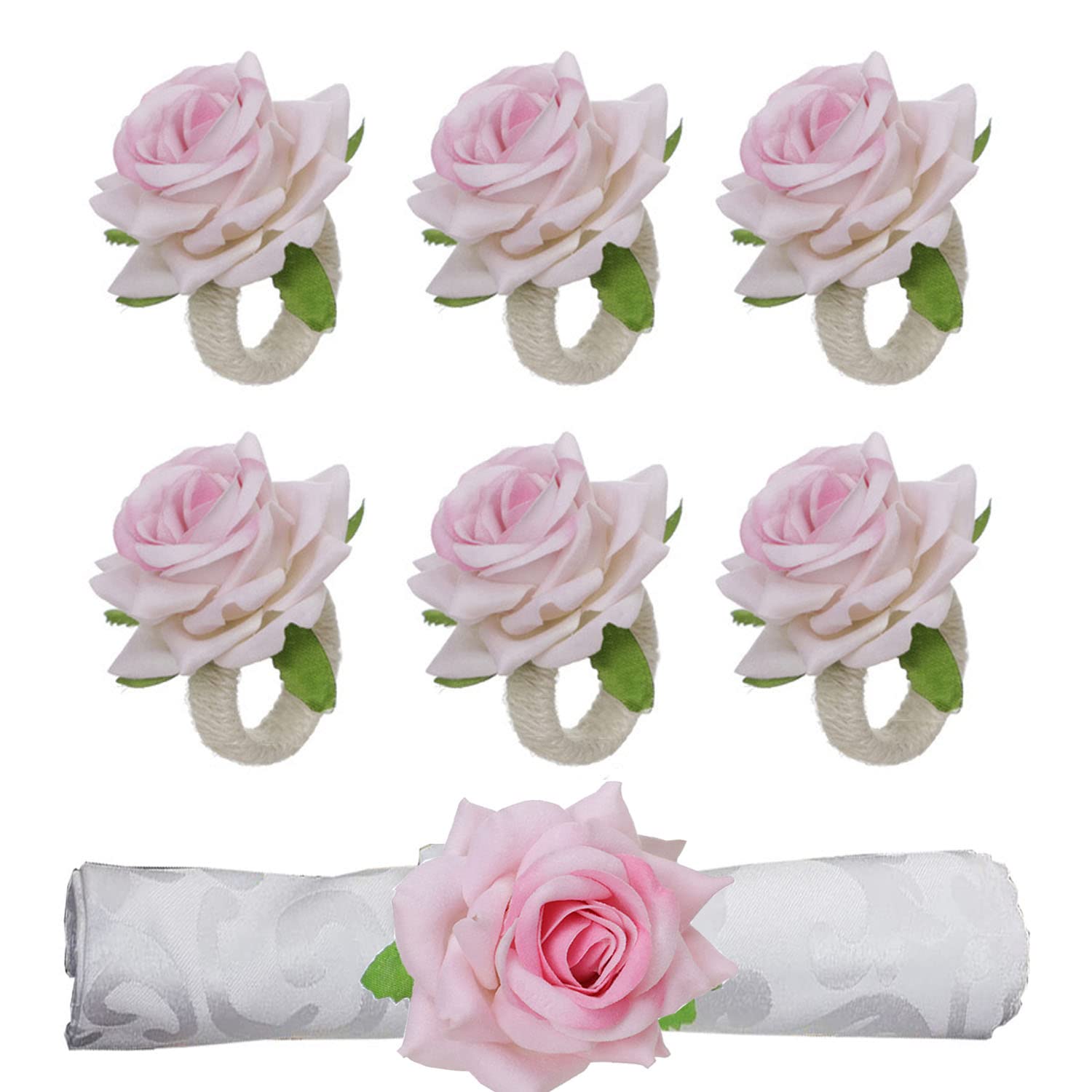 SALOCY Napkin Rings Set of 6 ,Handmade Champagne Rose Napkin Rings Set,Flower Napkin Rings for Wedding Banquet Birthday Party (Pink)